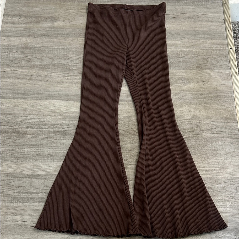 Brown Ribbed Flare Pants